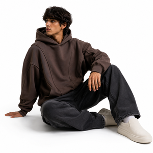 Custom <b>Men's</b> <b>Pullover</b> Fleece Hoodies Panel Stitching Relaxed Fit Drop Shoulder Sweatshirts Top for B2B Bulk Purchasing Hoodie - Product Image 3