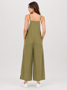 Wholesale Olive Green SOLID Dungaree <b>Jumpsuit</b> Square Neck Sleeveless Adjustable Straps Casual Women's Wear <b>Pockets</b> <b>Wide</b> <b>Leg</b> - Product Image 4