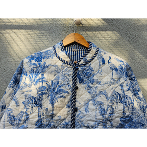 Handmade Blue White Floral <b>Quilted</b> Cotton <b>Jacket</b> Reversible Padded Coat with Pockets for Women Mandarin Collar gift for her - Product Image 4