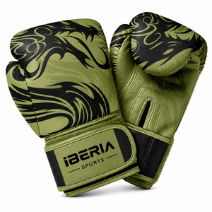 ถุงมือชกมวย IBERIA รุ่นพรีเมียม สีเขียวมะกอก-ดำ ลายมังกร สำหรับฝึกซ้อม รับทำโลโก้ตามสั่ง แบบ OEM ODM ขายส่งอุปกรณ์ชกมวย - Product Image 1