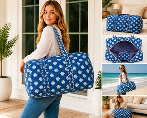 Sac de voyage de luxe matelassé en coton léger et grande capacité, fait main, style bohème, pour week-end ou nuitée, motif floral - Product Image 1