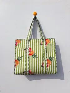 Bolsa de Mano de Algodón a Rayas Verdes con Estampado de Granada, Estilo Bohemio, Casual, con Cierre, para Compras y Viajes, para Mujer - Product Image 1