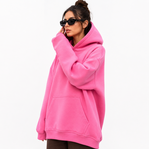 Pink Oversized Hooded Sweatshirt Fleece Pullover Solid Color Regular Sleeve Autumn Wear - Product Image 6