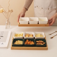 Serviette à condiments pour la cuisine 3 pièces, bol de service en porcelaine blanche en céramique avec plateau en bambou