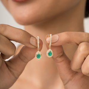 Wholesale Gorgeous Zambian <b>Emerald</b> & Diamond Fine Halo Hoop <b>Drop</b> <b>Earrings</b> Bridesmaids Gift 14K Real Yellow Gold Jewelry - Product Image 2