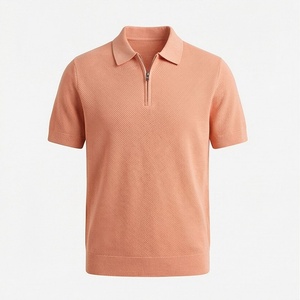 Men's <b>Peach</b> Knitted Short Sleeve Polo <b>Shirt</b> With Zipper Casual Solid Design Regular Fit - Product Image 1