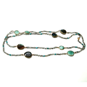 Natural Labradorite Larimar Sterling Silver Beaded <b>Statement</b> <b>Necklace</b> Gold Plated Bezel Multi Gemstone Layered Chain Long - Product Image 2
