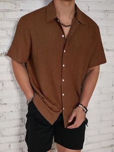 Men Fashion Textured Short Sleeve Button <b>Down</b> Shirt Casual Summer Resort Cuban Collar Lightweight Streetwear OEM - Product Image 3