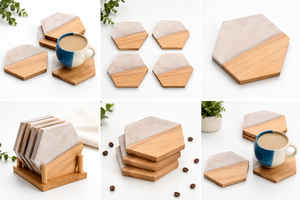 Juego de 4 Posavasos Hexagonales de Madera y Mármol de Primera Calidad para Tazas de Té y Café, Posavasos Hexagonales Hechos a Mano de Madera y Piedra - Product Image 3
