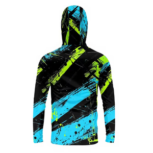 Sweat à capuche de pêche pour homme imprimé par sublimation, manches longues, UPF 50, séchage rapide, en polyester, motif bleu, vert, noir - Product Image 2