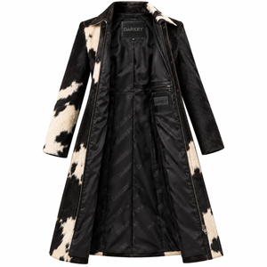 <b>Black</b> White Cow Hair Leather Duster Trench <b>Coat</b> <b>Womens</b> Concealed Zip Long Outwear Custom Manufacturer - Product Image 5
