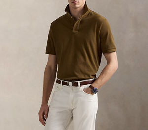 Men's Brown Polo <b>Shirt</b> Short Sleeve Regular Fit Knitted Solid Color Casual Style Breathable Cotton - Product Image 1