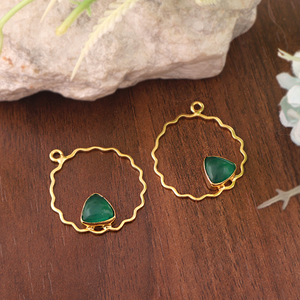 Classic Green Onyx Geometric Minimalist <b>Charm</b> Wave Pattern 18K <b>Gold</b> Plated Brass 8mm Single Bail Scalloped Frame Jewelry Earring - Product Image 2