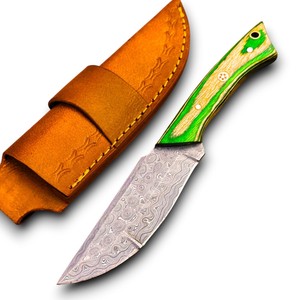 Cuchillo de Hoja Fija de Acero de Damasco Forjado a Mano de Alta Calidad con Funda de Cuero, Cuchillos de Caza Personalizables para Exteriores OEM ODM - Product Image 1