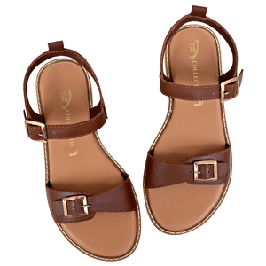 Sandales plates gladiateur en cuir marron de qualité supérieure pour femmes, à double boucle, style coréen, légères, tendance mode été - Product Image 4