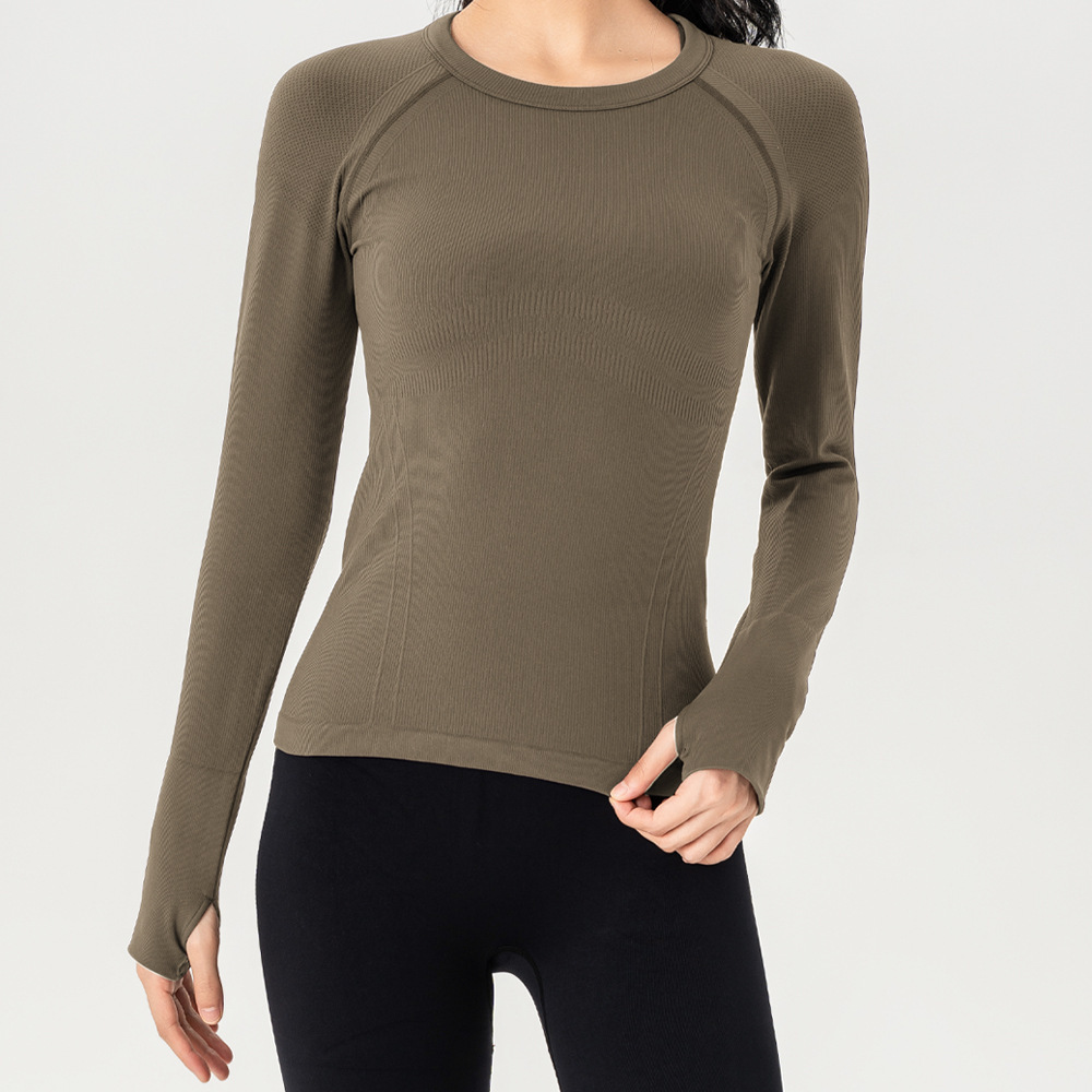 Autumn Winter Yoga Spandex/Nylon Nine Quarter Sleeve Breathable Round-neck Running Fitness Outdoor Quick-dry Slim-fit Solid Top