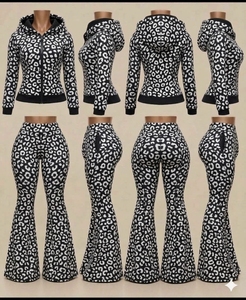 Cheetah Print 2 Piece Set Custom LOGO Leopard Raglan Sleeve Jacket and Flare <b>Pants</b> Tall Girl Friendly Women Lounge Sets - Product Image 3