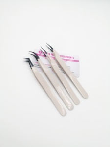 Precision Stainless Steel Beige Eyelash Tweezers With Fine Black Plasma Tips Custom Logo Curved Volume Fiber Tip Lash Tweezers - Product Image 1