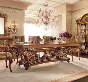 Ensemble de table à manger en teck massif de style antique français royal doré de luxe pour usage hôtelier, fabriqué en Indonésie - Product Image 1