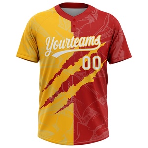 Proveedor mayorista de camisetas de softbol para equipos masculinos, rojas y amarillas, sublimadas, de secado rápido, manga corta, personalizadas con el nombre y número del equipo. - Product Image 1