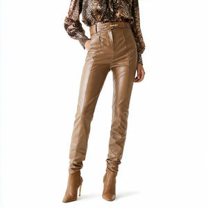 Pantalon crayon d'hiver respirant et écologique pour femme, taille haute élastique en PU et cuir de mouton, style streetwear - Product Image 1