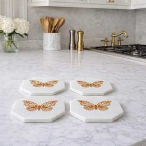Luxury Handmade Polished Marble Octagon Coasters with <b>Butterfly</b> Motif Elegant Kitchen & Dining Accent <b>Table</b> - Product Image 1