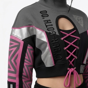 Ensemble de survêtement sportif imprimé style course pour femme, personnalisé, léger, en polyester/coton, avec short et sweat-shirt court en dentelle, idéal pour l'été - Product Image 4