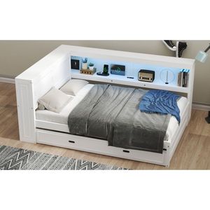 Divano letto matrimoniale bianco in legno con ripiani contenitore e letto estraibile con LED e USB - Product Image 5