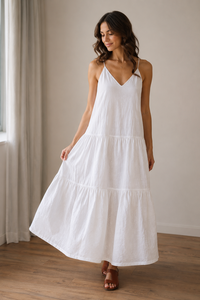 Vestido Midi de Verano para Mujer, Blanco, Cuello en V, Tirantes Finos, Estilo Bohemio, de Algodón Ecológico, Vintage, para la Playa - Product Image 6