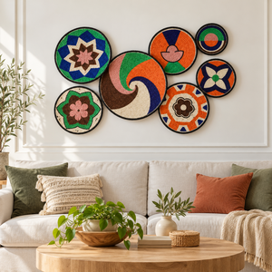Juego de 7 piezas de decoración de pared colgante de yute bohemio negro personalizable, arte floral geométrico redondo hecho a mano y tejido en espiral para venta al por mayor - Product Image 6