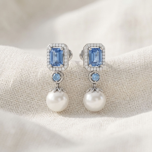 925 Silver Rhodium Plated Classic Drop <b>Earrings</b> Blue Emerald Cut Diamond <b>Halo</b> Dangle Pearl Jewelry for Wedding Party Gift - Product Image 2