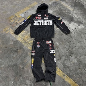 Unisex Black <b>Nylon</b> Racing Tracksuit Multi Patch Full Zip Hooded Windbreaker Jacket and Piping <b>Track</b> <b>Pants</b> Two Piece Set - Product Image 1