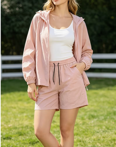Ensemble 2 pièces pour femmes, à capuche, manches longues, couleur unie, polyester respirant, tricoté, coupe ample, longueur genou, tenue décontractée d'été - Product Image 5