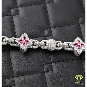 Luxury 925 Sterling Silver Flower Link <b>Bracelet</b> for Women <b>Red</b> Stone Petals VVS Moissanite Accents Silver Iced Statement Jewelry - Product Image 4