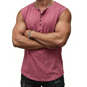 Custom Men's Sleeveless Henley Tank Top Muscle Fit Button <b>Down</b> Shirt Scoop Hem Blank Wholesale Apparel B2B Tank Tops For Men - Product Image 2