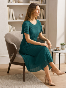 Robe de Cocktail Midi Solide de Qualité Supérieure pour Femme, Couleur Verte, Col Rond, Manches Courtes Volantées, Taille Élastique, Coupe Trapèze - Product Image 3