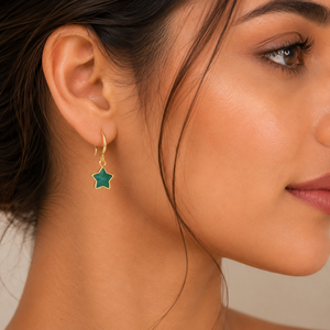 Boucles d'oreilles en onyx vert 27-28 mm en forme d'étoile avec fil d'oreille en argent sterling 925 plaqué or 18 carats - Product Image 6