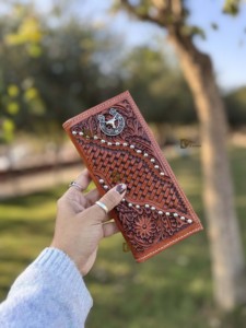 Premium Western Turquoise Accent <b>Leather</b> Wallet Handcrafted Western Style <b>Tooled</b> <b>Leather</b> Long Wallet - Product Image 2