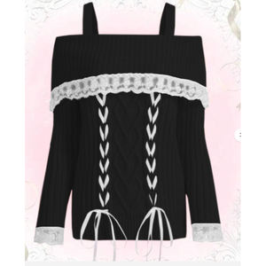 Pulls à manches longues pour femmes avec dentelle en tricot et nœud devant Tops Black Tie M Size - Product Image 1