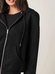 Women <b>Black</b> Oversized Fleece <b>Hoodie</b> <b>Zipper</b> Front Regular Sleeve Solid Color Casual Autumn Wear 100% Cotton Knitted Breathable - Product Image 2
