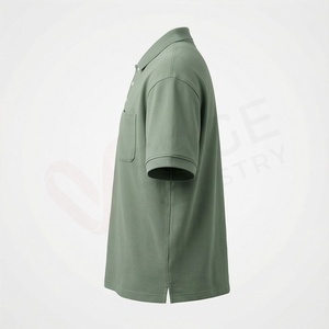 Polo à manches courtes pour homme, vert olive, avec poche, coupe classique, en coton Oxford uni, respirant, tissé - Product Image 3