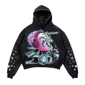เสื้อฮู้ดดี้โอเวอร์ไซส์ผู้ชายแบรนด์เนม สไตล์สตรีทแวร์ พิมพ์ลายดาวและลายสมอง สีดำ ทรงปกติ ผ้าถักโพลีเอสเตอร์ - Product Image 4