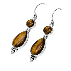 Natural Tiger Eye 925 Sterling <b>Silver</b> <b>Dangle</b> <b>Earrings</b>, Handmade Teardrop Tiger's Eye Gemstone <b>Earrings</b>, Brown Gemstone Jewelry, - Product Image 3