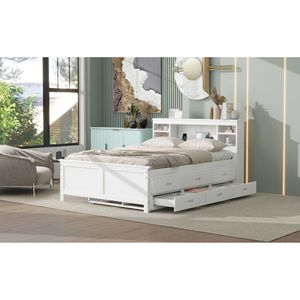 Letto matrimoniale bianco con piattaforma, testiera contenitore, porta USB, letto estraibile singolo e 3 cassetti, letto imbottito - Product Image 5