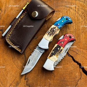 UA Supplies Industrial Grade Damascus Steel Utility Folding Knife with Elk Horn & Wood Handle Clip Point Blade OEM Customizable - Product Image 6