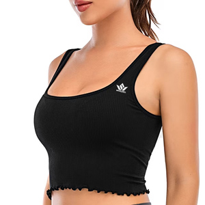 Débardeur court côtelé noir pour femme, col rond, bretelles spaghetti, respirant, coupe ajustée, couleur unie, décontracté - Product Image 1