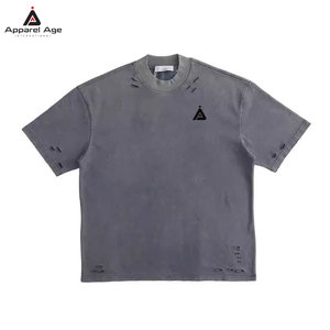 เสื้อยืดแขนสั้นคุณภาพสูง ผ้าฝ้าย 100% ทรงหลวม สไตล์ดิสเทรส สำหรับผู้ชาย พร้อมสกรีนโลโก้ตามสั่ง - Product Image 1
