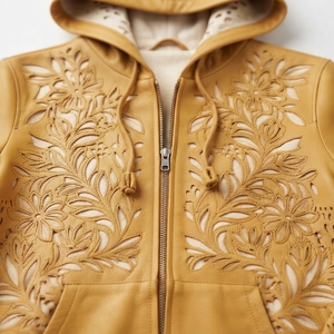 Chaqueta de Cuero Genuino para Hombre, Cuello Redondo, Diseño Floral Repujado, Estilo Casual Otoñal, Corte Regular, Puños Tejidos - Product Image 3