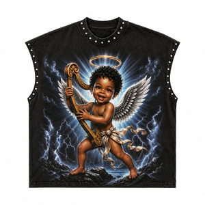 Débardeur en coton personnalisé, effet délavé vintage, clouté, épais, avec imprimé graphique Angel Harp, à épaules tombantes, sans manches, style streetwear - Product Image 1