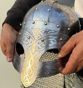 Medieval Viking Helmet With Chainmail Aventail Engraved Polished Mild Steel Norse Armor Reenactment Party Costume - Product Image 2